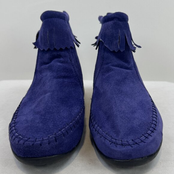 ABCDEFG Womens Size 8.5 W Purple Leather Moccasin Ankle Boots Suede Fringe Zip - Picture 7 of 14